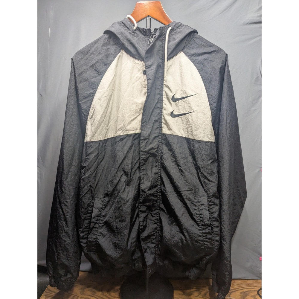 Nike Double Swoosh Hooded Windbreaker Jacket Black White CJ4888-011 Mens Medium